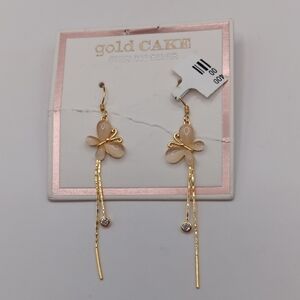 NWT Gold Cake Gold-Tone Pink Floral Butterfly Dangle Earrings